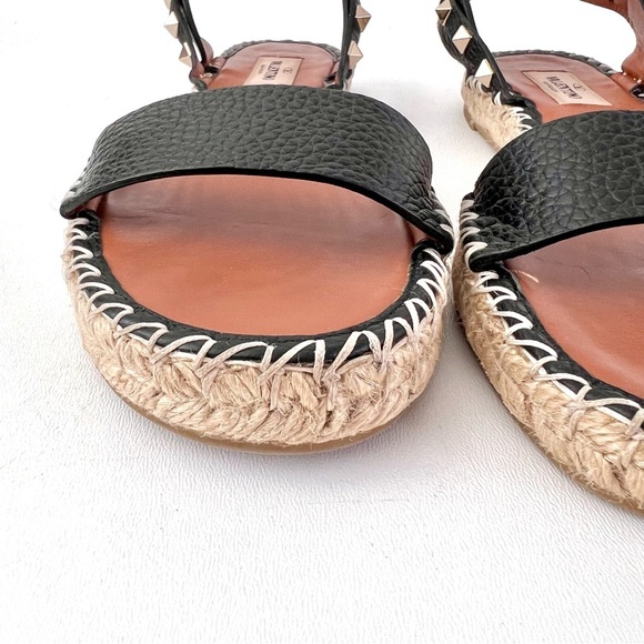 VALENTINO GARAVANI | Black Leather Rockstud Ankle Wrap Flat Espadrille Sandals 8 - Picture 5 of 13